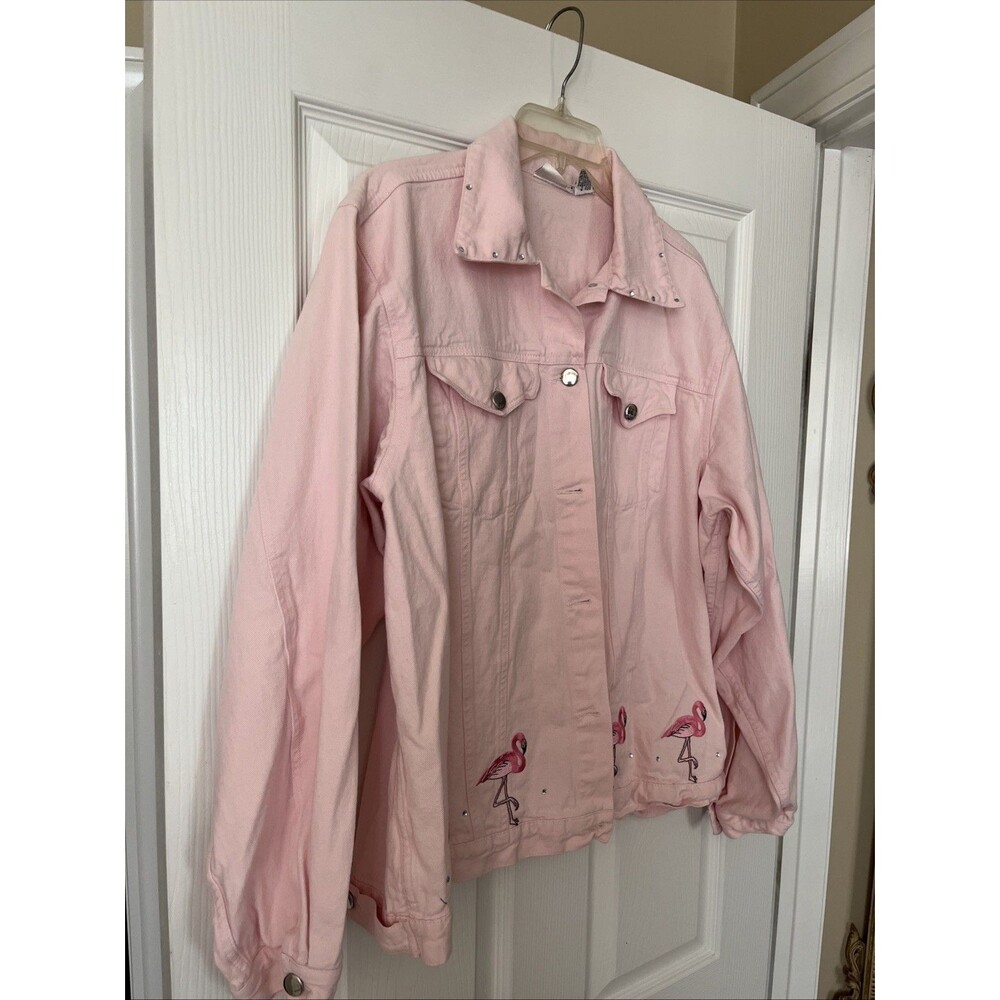 Women's XL Pink Denim Jacket Coat Winter Fall Spring Denim embroidered Flamingo